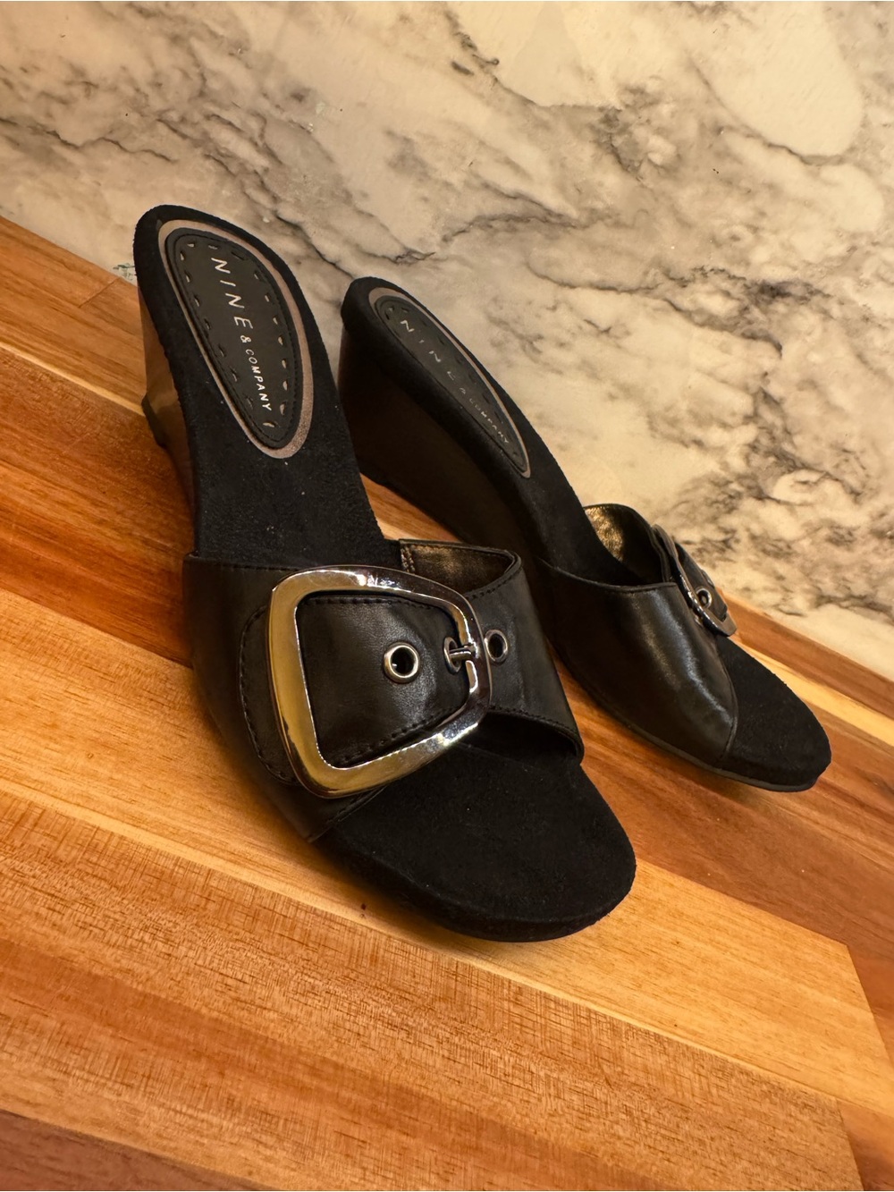 Nine & Co. Black Slide Mules with Silver Buckle